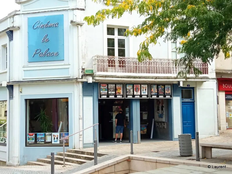 La façade bleue du cinéma Le Palace, place du Pilori, avec son enseigne et les affiches sous l'auvent